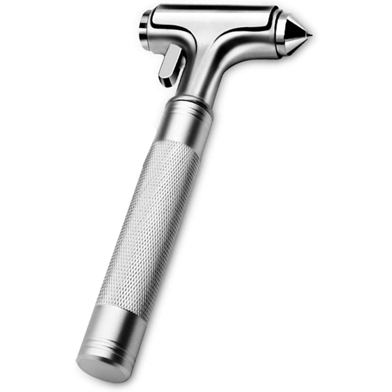 A silver colored hammer looking tool which is an emergency glass breaker and seat belt cutter for use in a car accident.