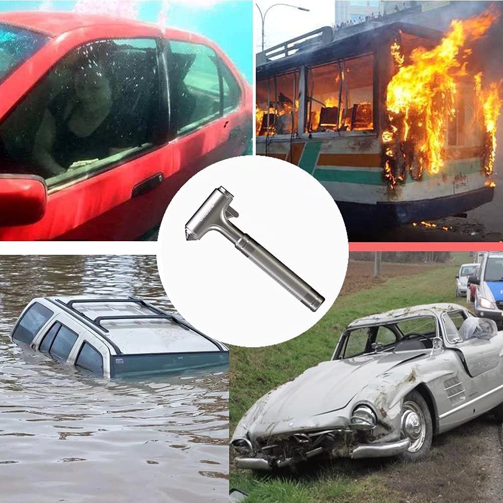 A collage of 5 images. Four of the images show various different types of car accidents. In the centre of the collage is an emergency car accident window breaker hammer tool.
