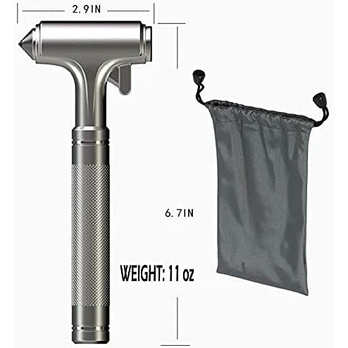 Size measurements for the emergency car hammer tool. The height is 6.7 inches and the width is 2.9 inches. There is also a black carry bag included.