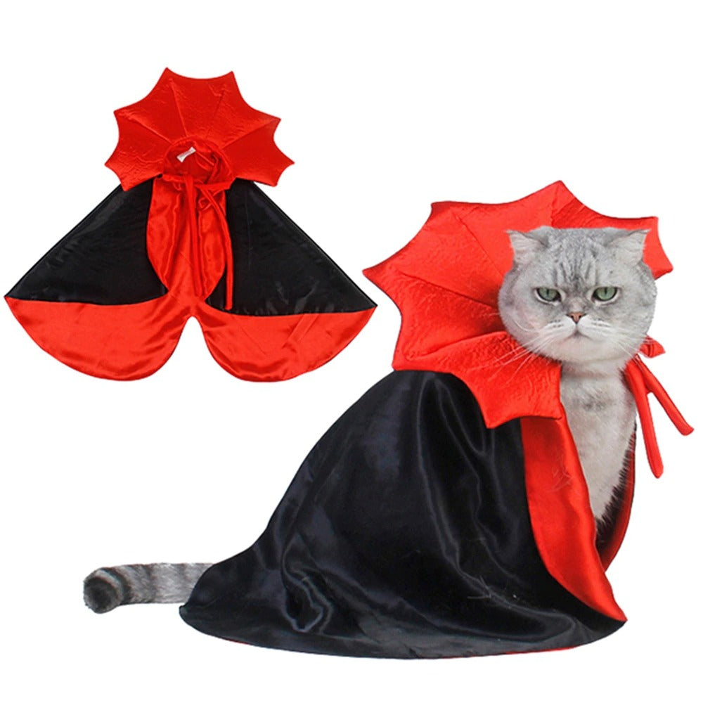 A cat wearing a black and red vampire costume.