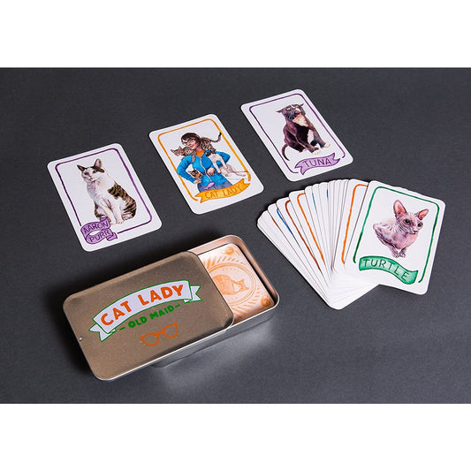 A cat lady old maid game in a tin box with the game cards laid out.
