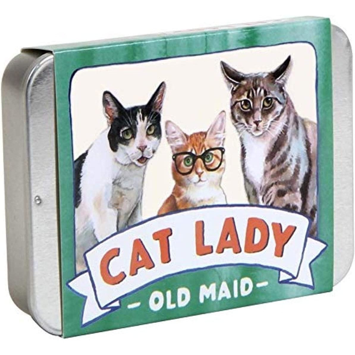 A tin box for a cat lady old maid game.