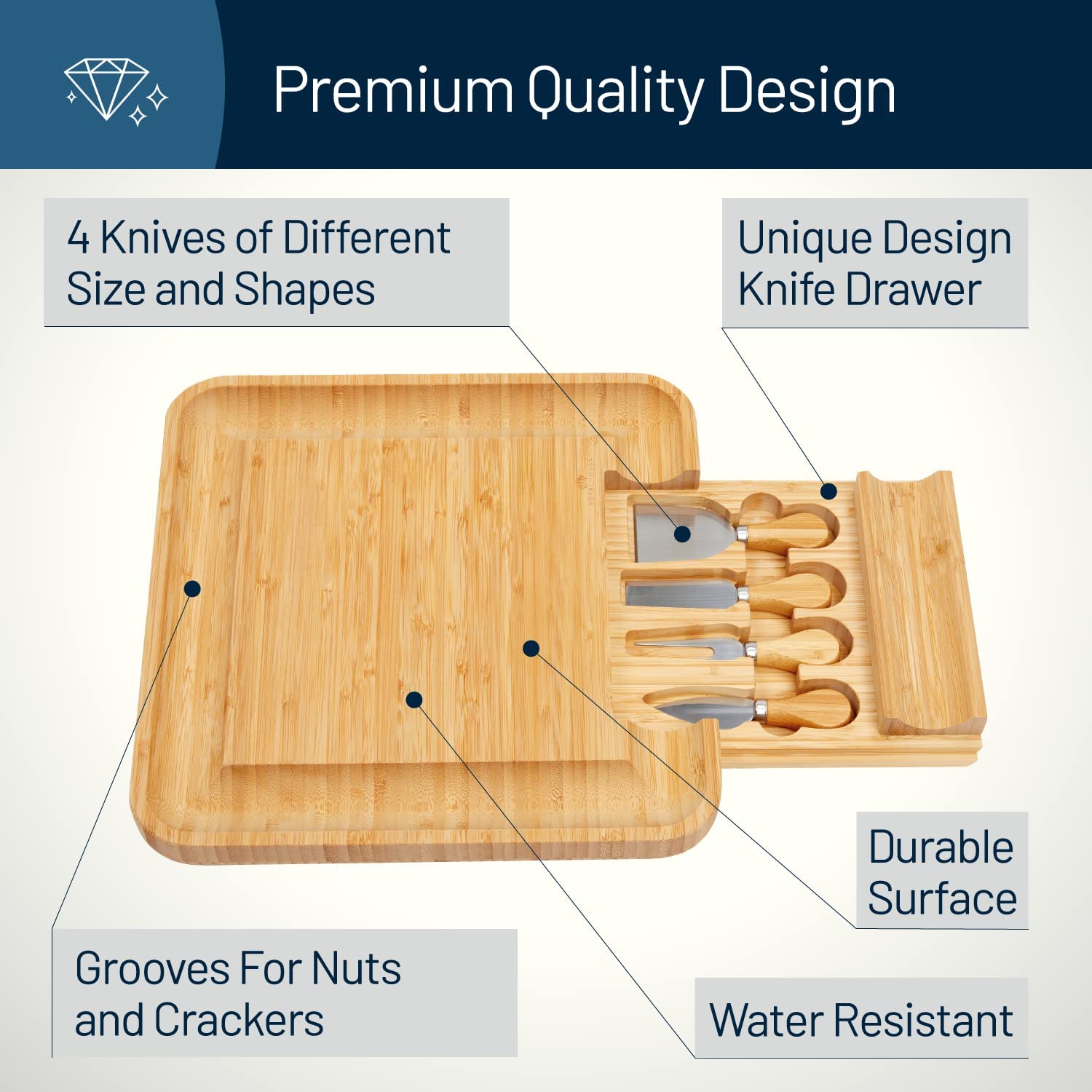 Product features for a charcuterie board with slide out drawer.