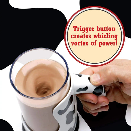 A chocolate milk mixing cup with text that reads, 'trigger button creates whirling vortex of power.