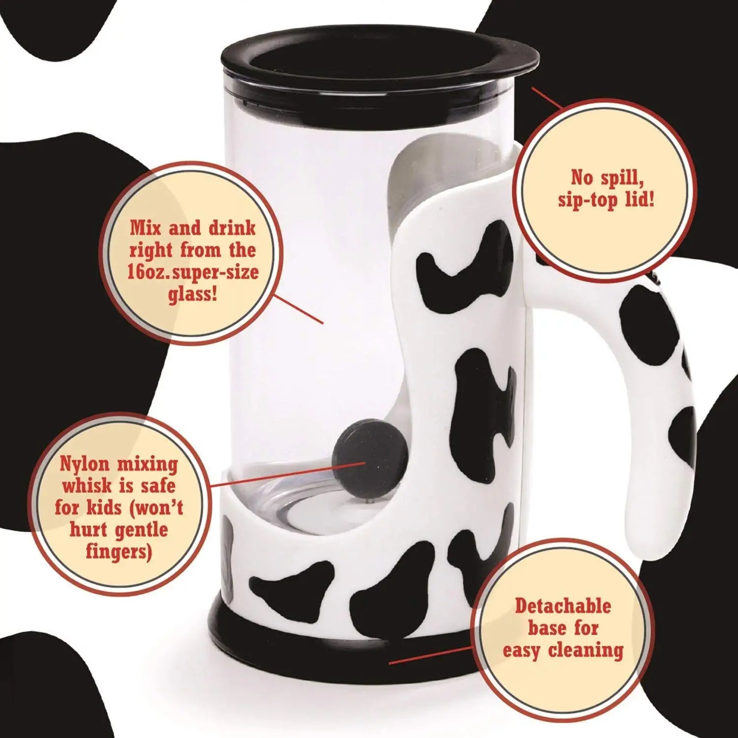 A chocolate milk mixing cup with text mentioning all the features of the cup.