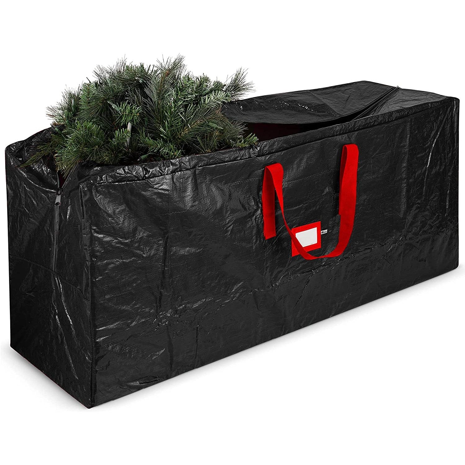 A black Christmas tree storage bag with a Christmas tree inside it.