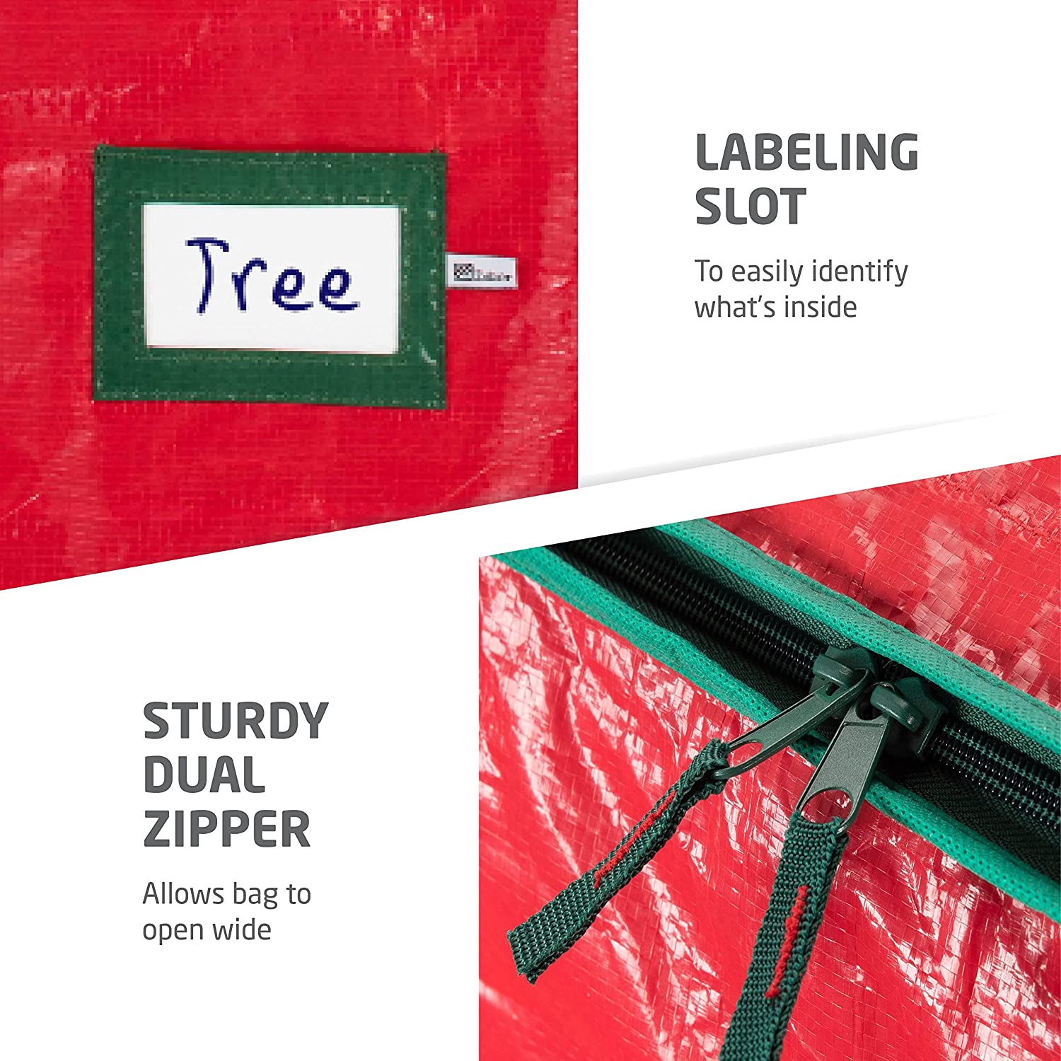 A collage of two images showing close-up features of a Christmas tree storage bag. There is text which says, 'Labelling slot to easily identify what's inside. Sturdy dual zipper allows bag to open wide.'
