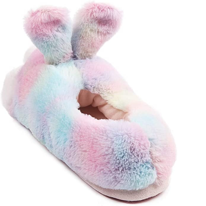 One multi-colored bunny shaped slipper showing the slipper-design from behind.