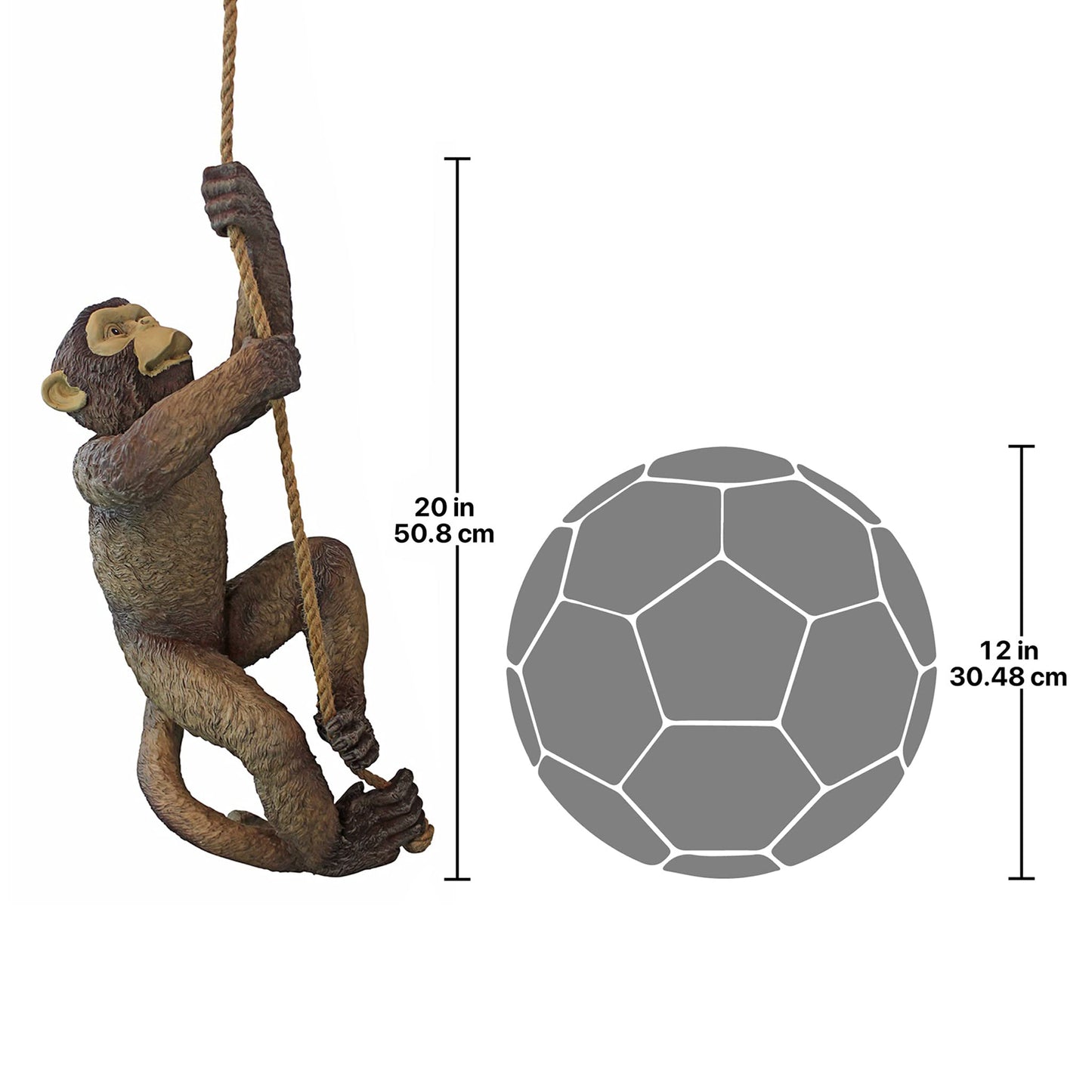 Size measurements of resin monkey climbing up a rope 20 inch x 12 inch