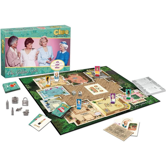 The contents of Clue The Golden Girls board game are laid out on a white background along with the box the board game comes in.
