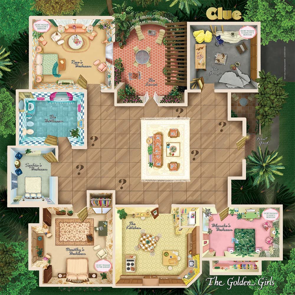 A close-up view of the custom-illustrated board from Clue, The Golden Girls edition board game.
