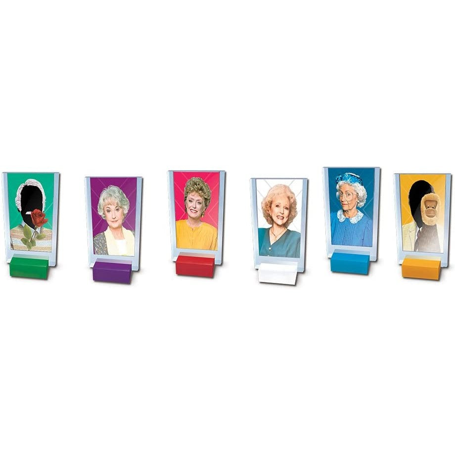 The 6 game pieces that are included with the board game Clue, The Golden Girls edition.