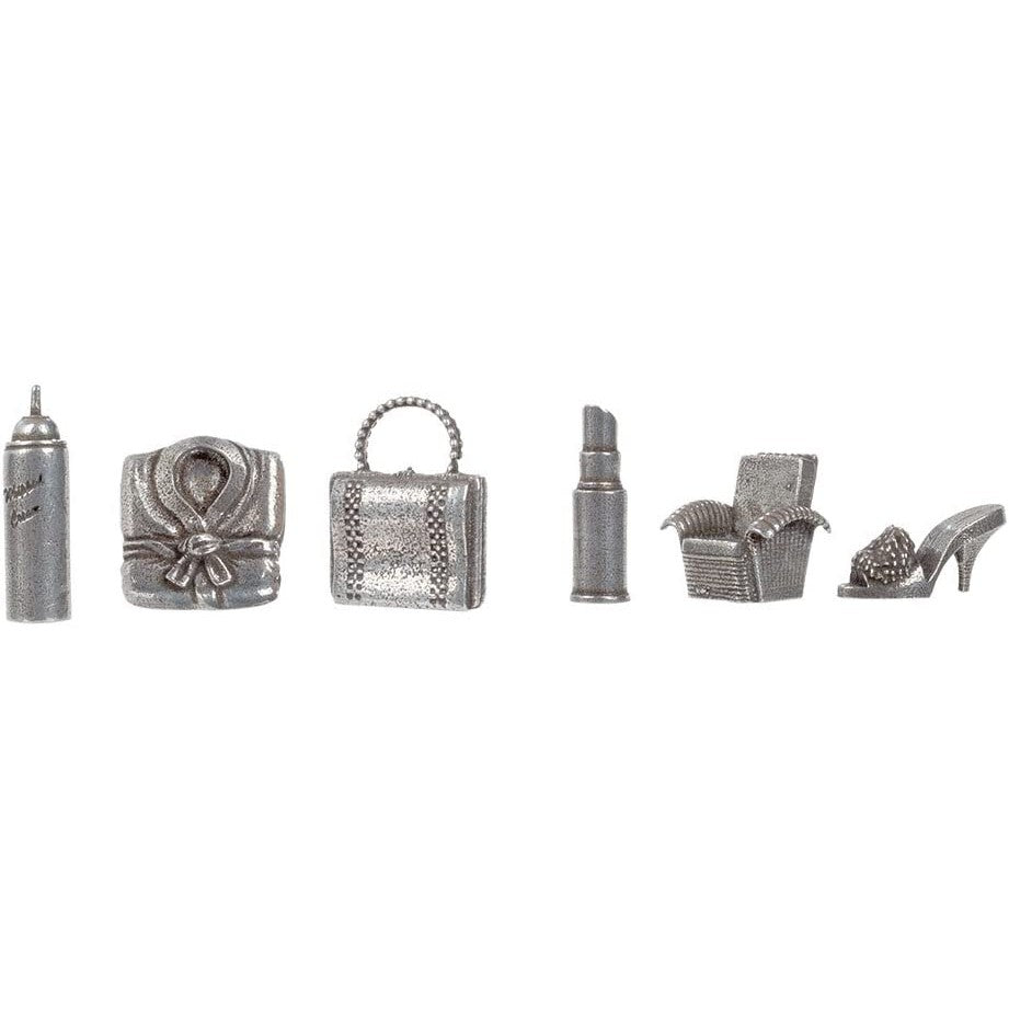 Silver colored game pieces included with Clue, The Golden Girls edition board game.