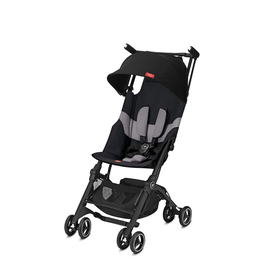 A black colored ultra-compact lightweight travel stroller.