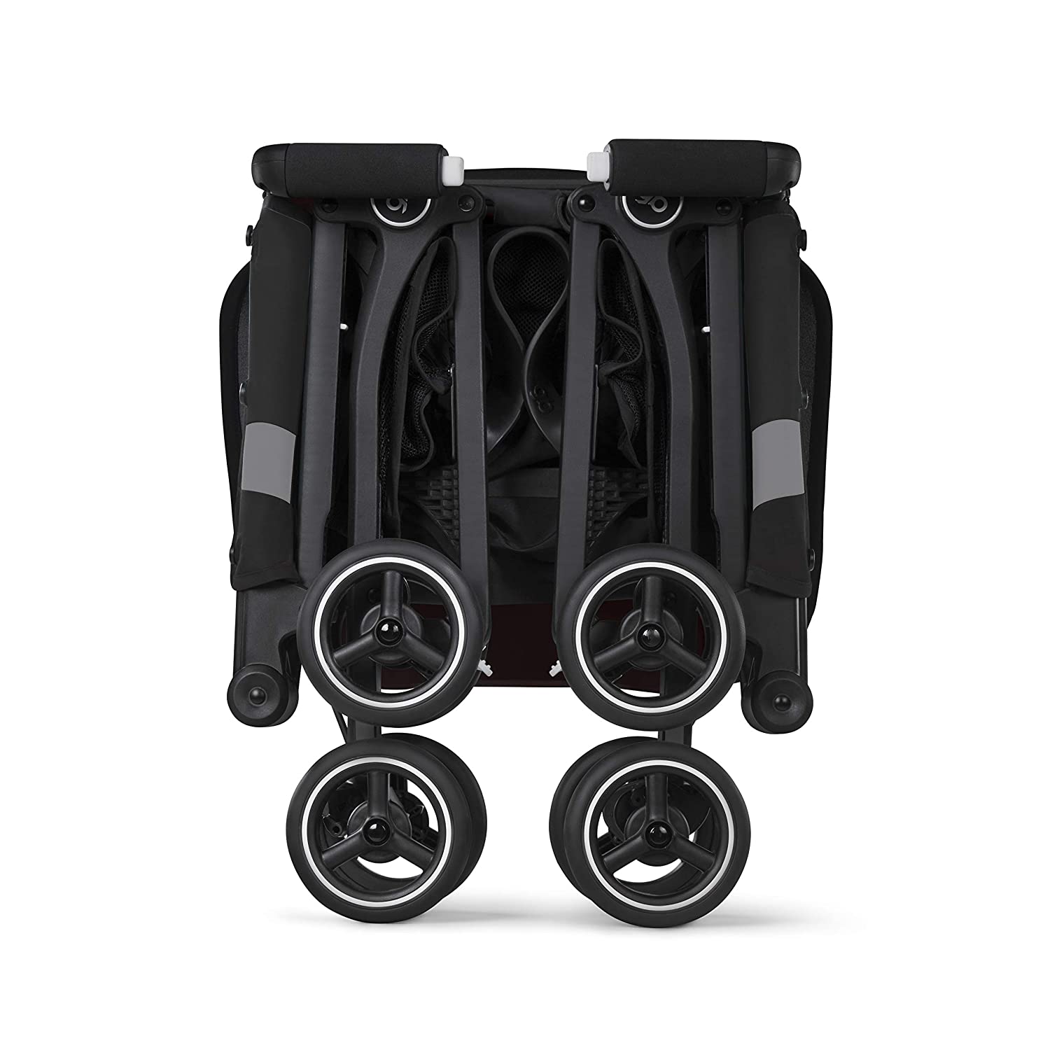 An ultra-compact lightweight travel stroller that has been folded down to a small size.