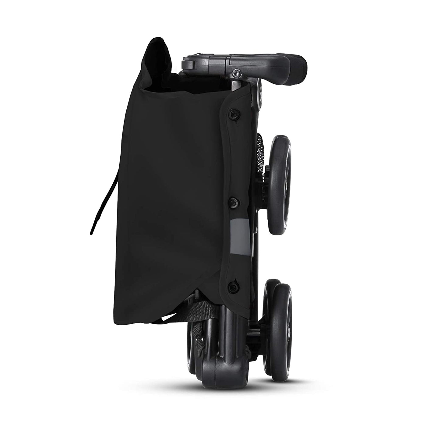 An ultra-compact lightweight travel stroller which has been folded down to a small size.