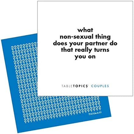 One of the question cards from a boxed game titled, "Couples Table Topics" The card reads, "What non-sexual thing does your partner do that really turns you on."