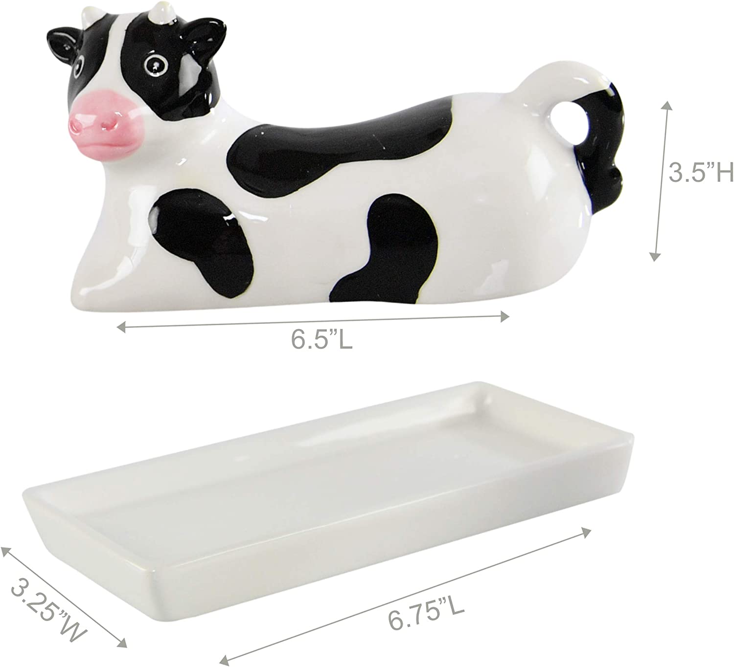 Size measurements for a cow shaped butter dish. The tray length is 6.75 inches in length and 3.25 inches in width.