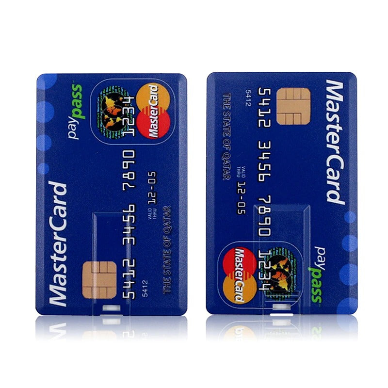 Two blue Mastercards Paypass cards which are actually USB flash drives