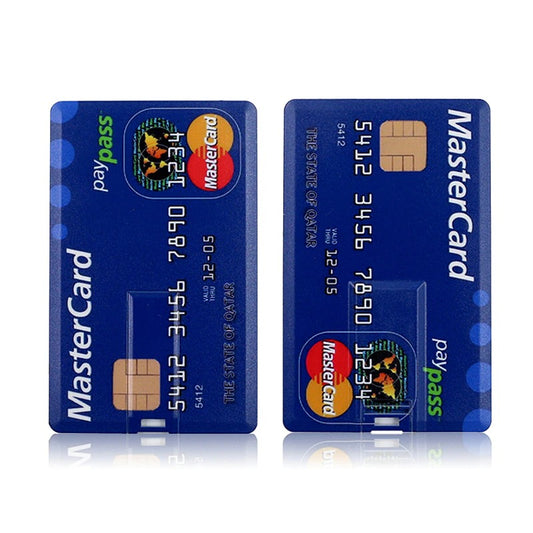 Two blue Mastercards Paypass cards which are actually USB flash drives