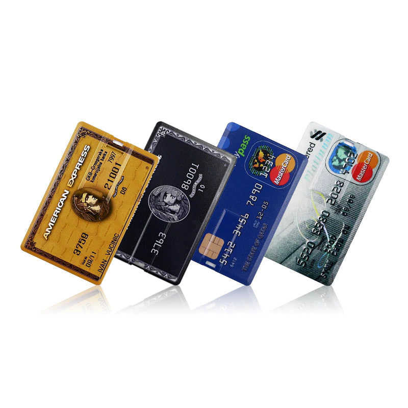 Four various credit cards from different banks overlapping each other. These are actually USB flash drives.