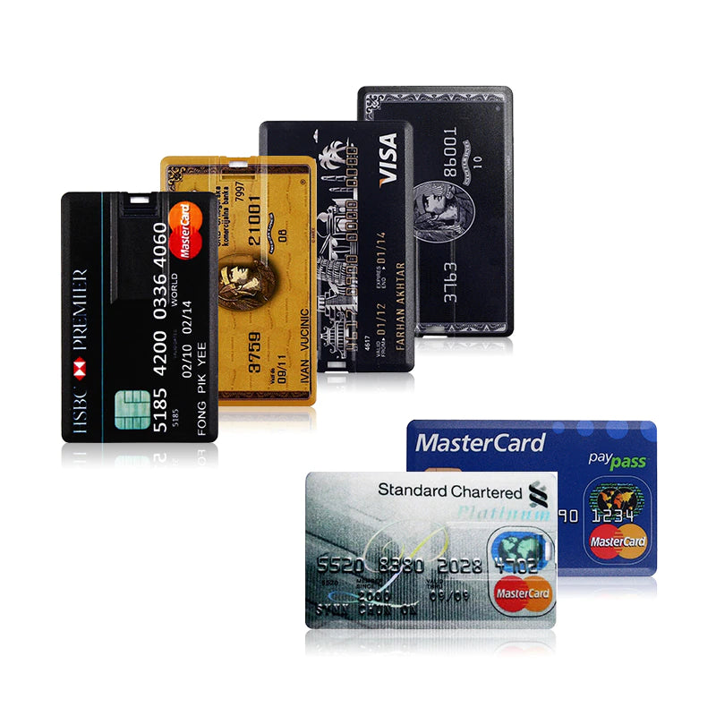 Six various credit cards from different banks overlapping each other. These are actually USB flash drives.