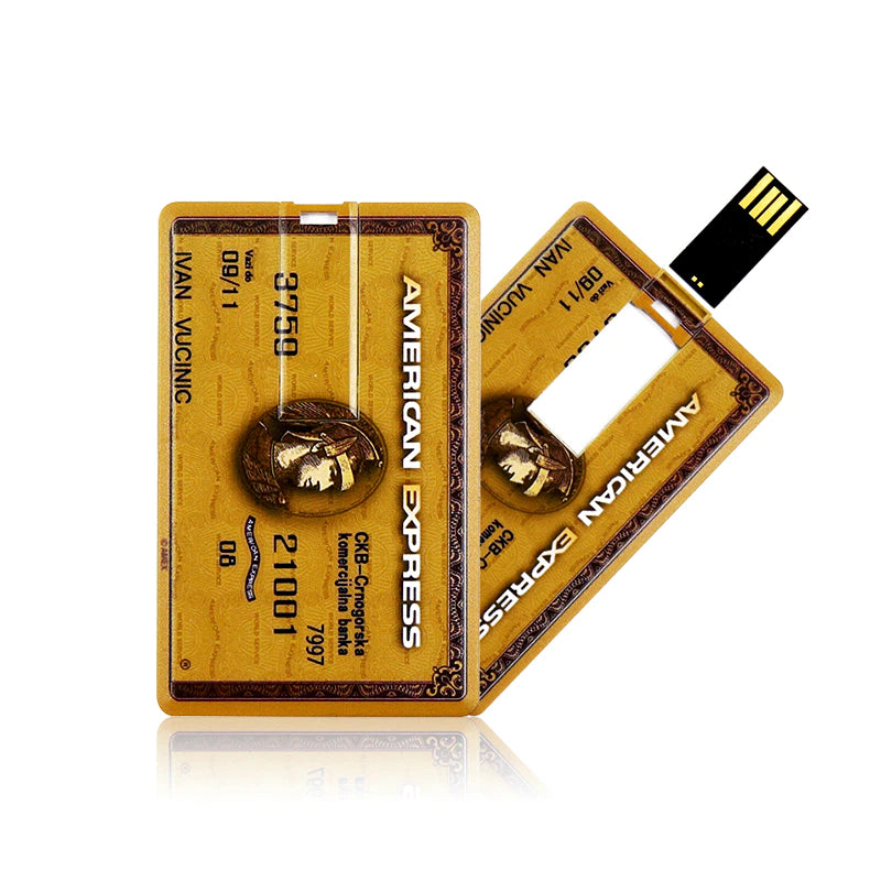 Two American Express gold credit card USB flash drives. One of the cards has the USB component flipped open