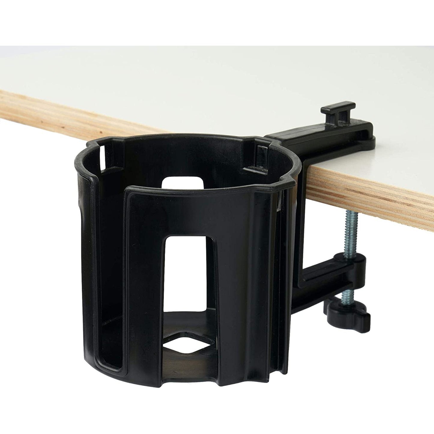 A black colored cup holster which is attached to a desk with a non-scratch clamp.