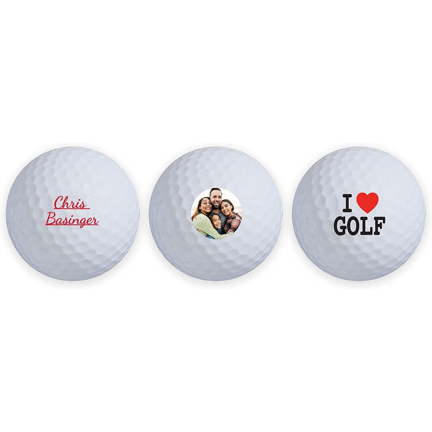Three personalized golf balls. One has a name printed on it, the other has a family portrait and the other balls says, 'I heart golf.'