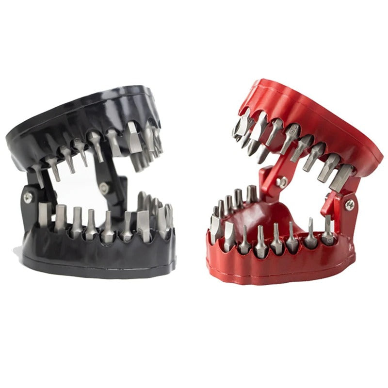 Two denture drill bit holders. One is red and the other is black. The dentures are used to hold drill bits for storage.