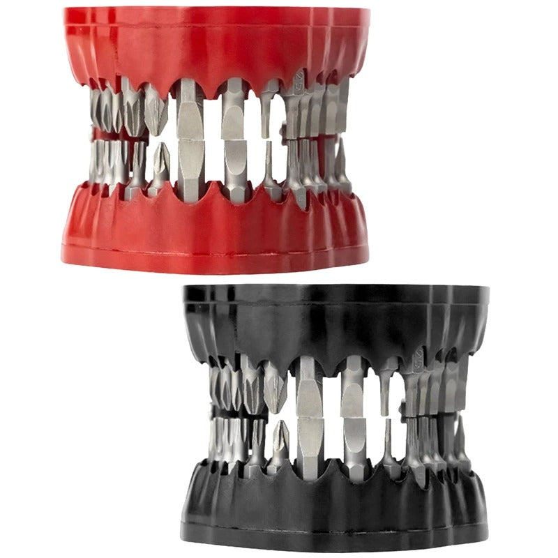 One red and one black denture drill bit holders with drill bits in the place of teeth.