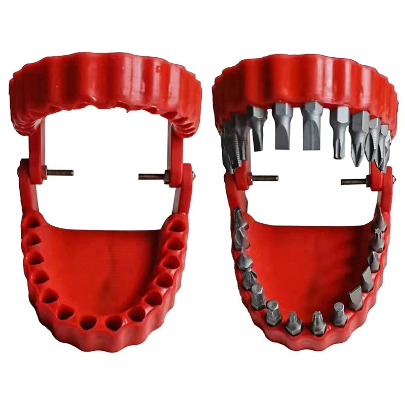 Two red denture drill bit holders. One has drill bits in place of human teeth and the other is empty to show the difference and how to use the holder correctly.