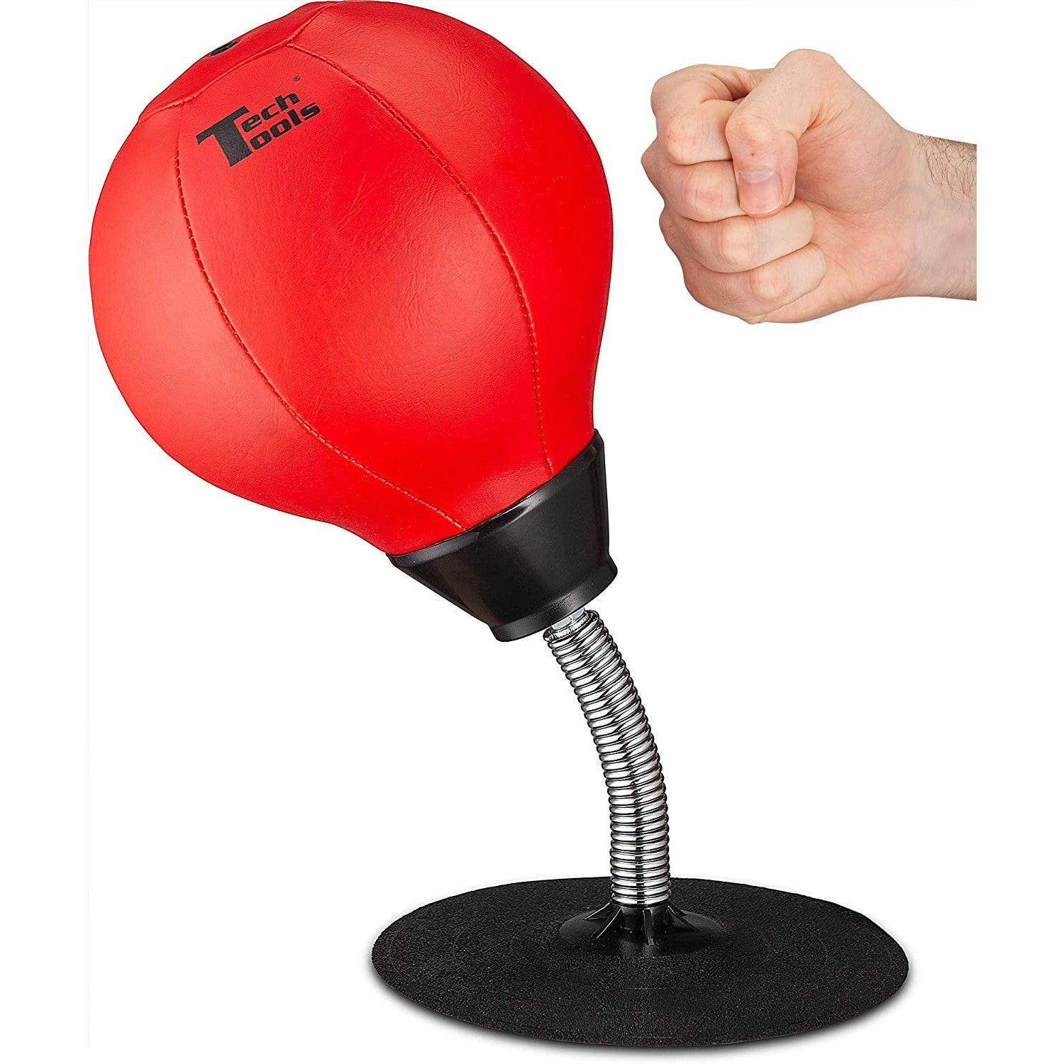 A fist is punching a desktop punching bag.