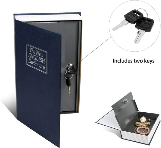 The New English dictionary which is actually a safe to hide and store valuables. There is an open example with jewelry inside. Nearby are two keys.