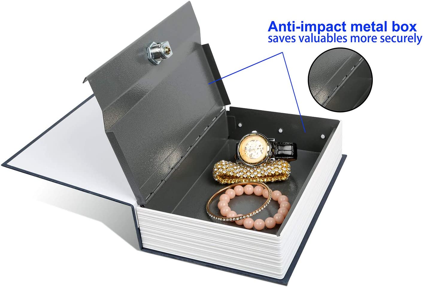 An open security book safe showing jewelry and a watch inside with text that reads, "Anti impact metal box saves valuables more securely"