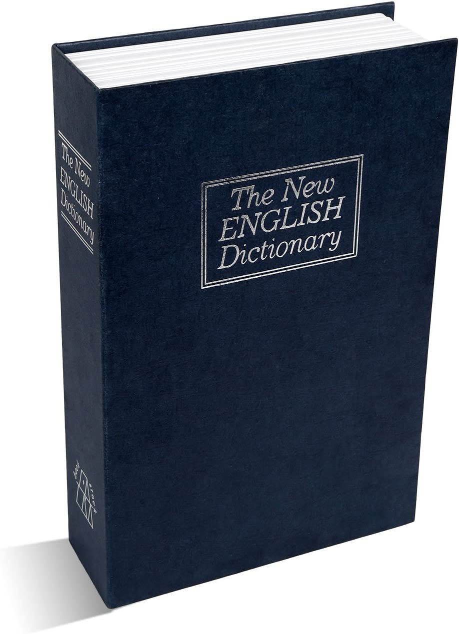 A book with the title The New English Dictionary which is actually a security safe.