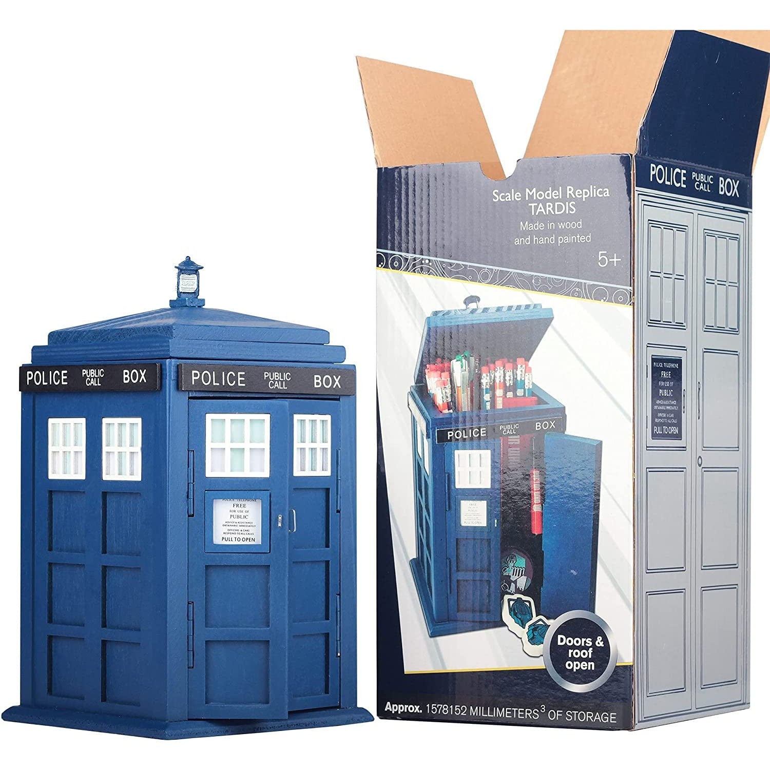 A Doctor Who Tardis shaped blue storage box next to the packaging box the item comes in.