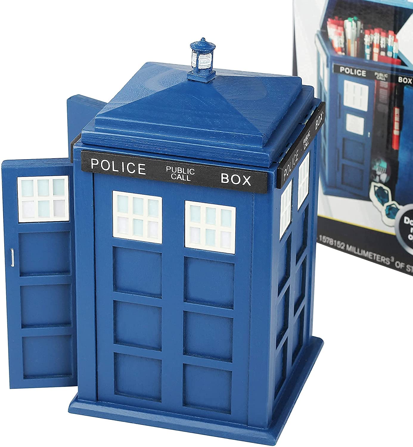 A storage box shaped like the Tardis from Doctor Who. The doors of the Tardis are open.