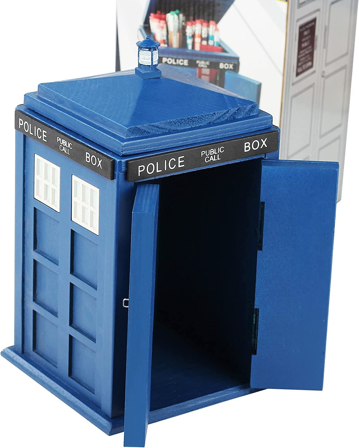 A storage container shaped like the Tardis from Doctor Who. The doors are open showing the inside of the container.