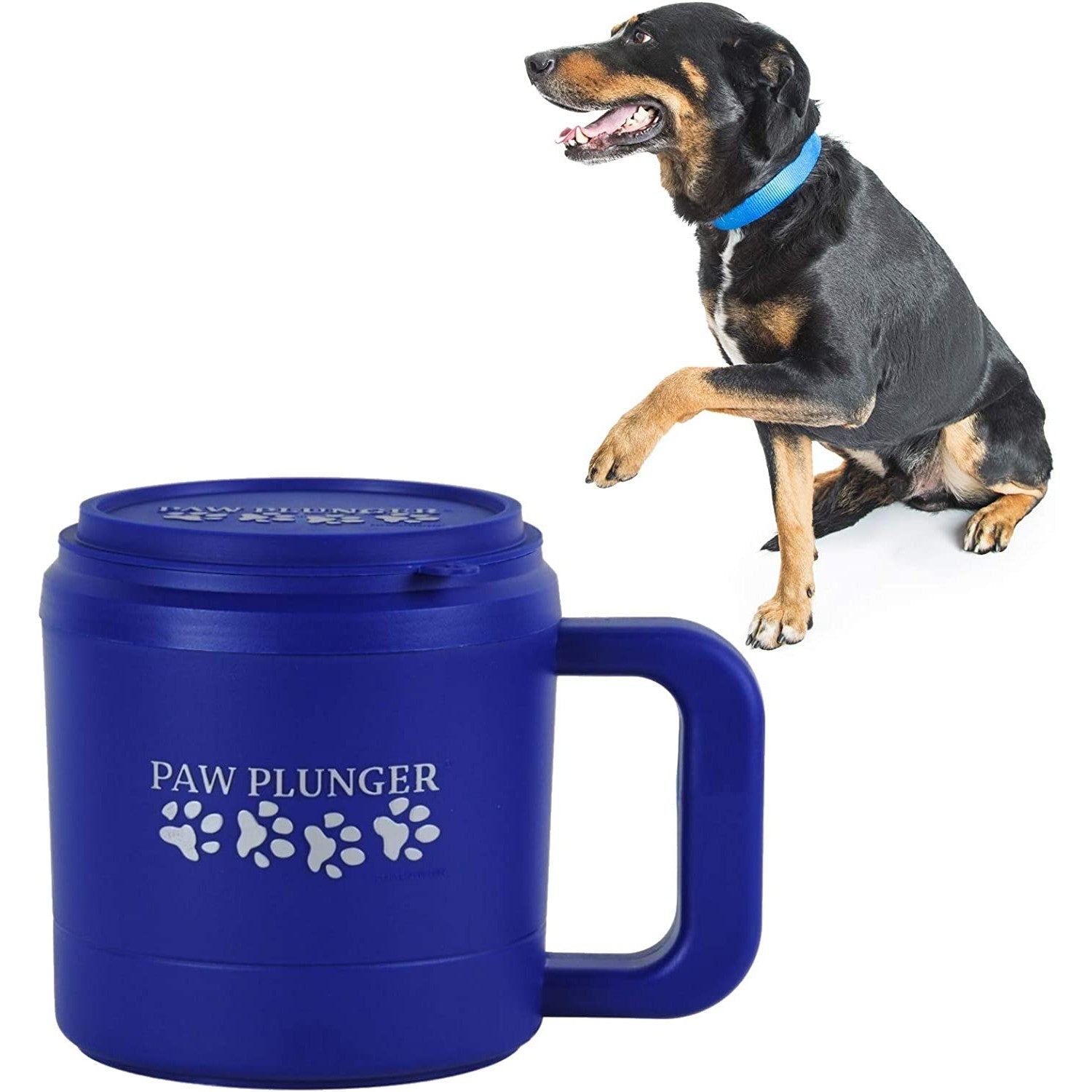 A blue colored dog paw plunger alongside a black and brown dog with his paw in the air.