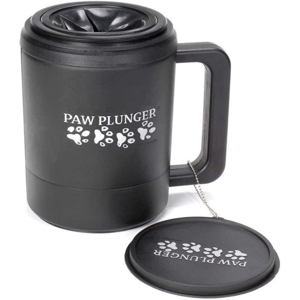 A black dog paw cleaner called Paw Plunger.