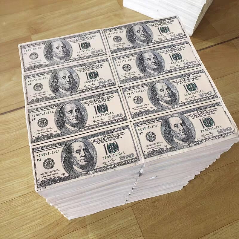 A stool which looks like it is made up of 100 dollar bills.