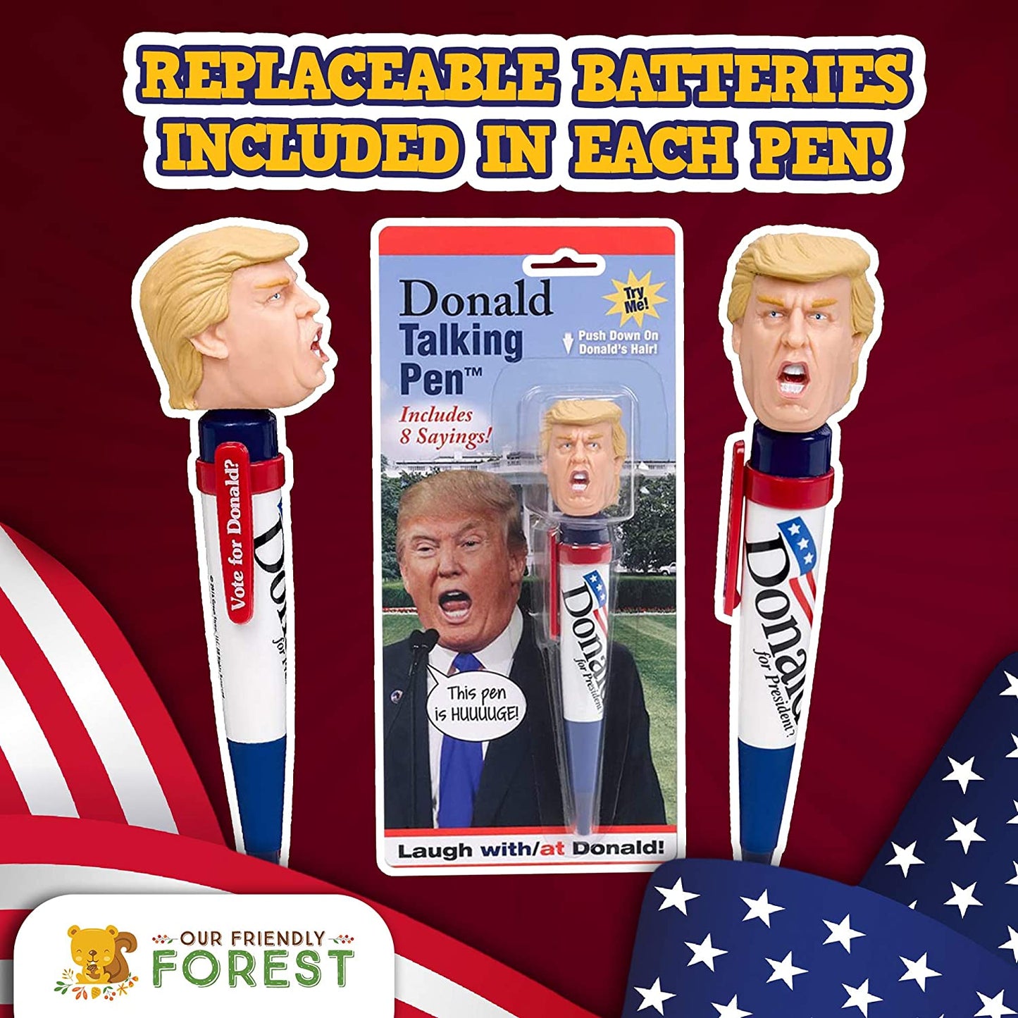 A Donald Trump talking pen with text that says, "Replaceable batteries included in each pen."