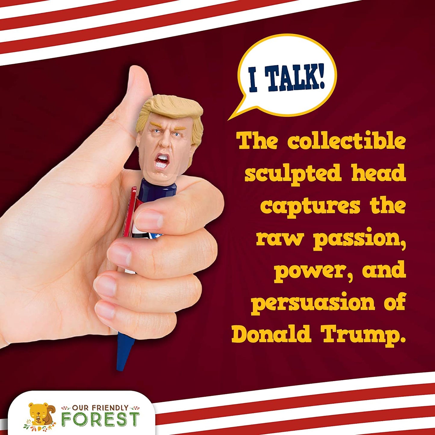 A Donald Trump talking pen with text that reads, "The collectible sculpted head captures the raw passion, power and persuasion of Donald Trump."