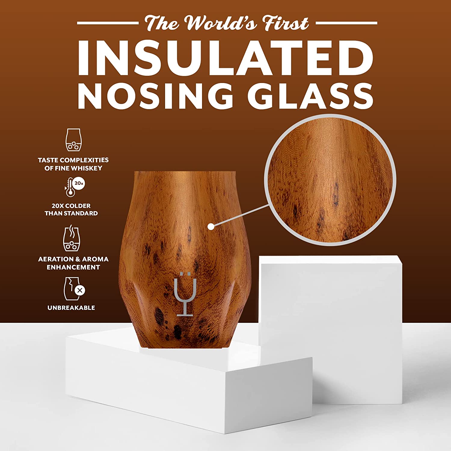A brown whiskey nosing glass. There is text which reads, "The world's first insulated nosing glass."