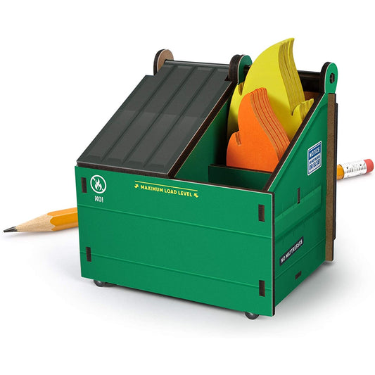A pencil and note caddy which looks like a dumpster fire designed by Genuine Fred.