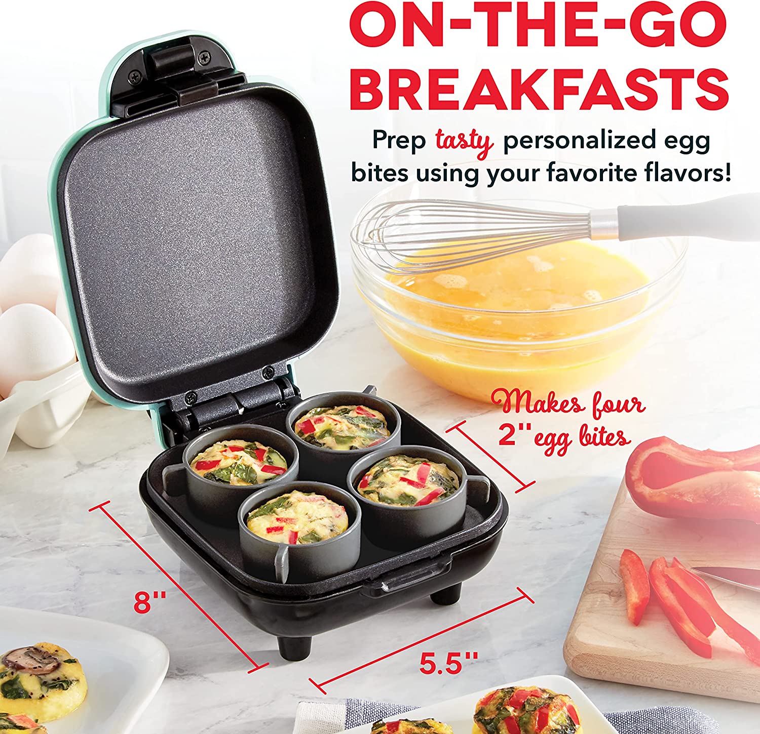 An open egg sandwich cooker with 4 ready-made egg bites inside the cooker. There is text which says, 'On the go breakfasts. Prep tasty personalized egg bites using your favorite flavors.'