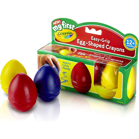 A 3-pack of Crayola's egg shaped crayons in yellow, red and blue. 