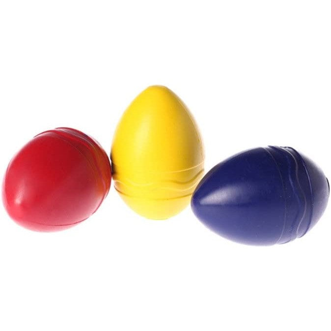 Three Crayola egg shaped crayons in blue, yellow and red.