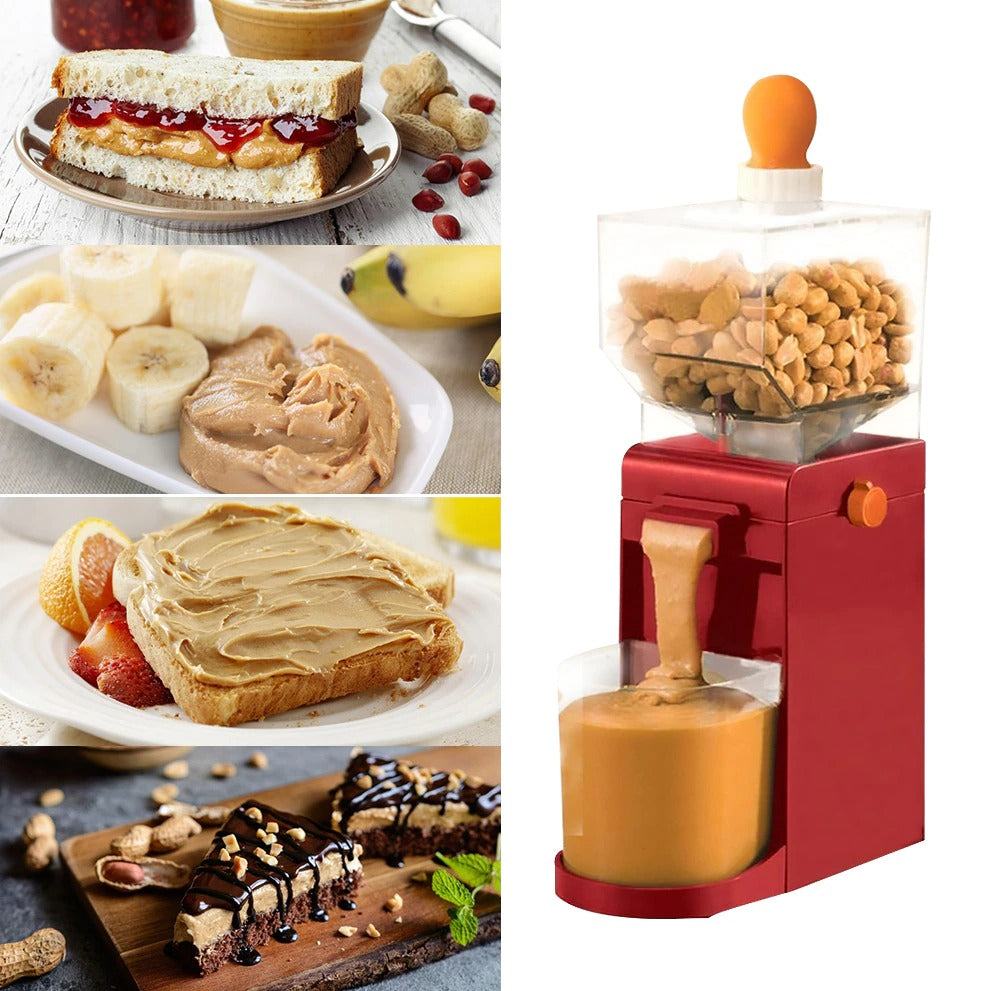 A red electric peanut butter machine in operation filled with peanuts with fresh peanut butter coming out of the spout into a jar. Next to this are various peanut butter dishes including toast with peanut butter, a peanut butter and jelly sandwich and a peanut butter cake.